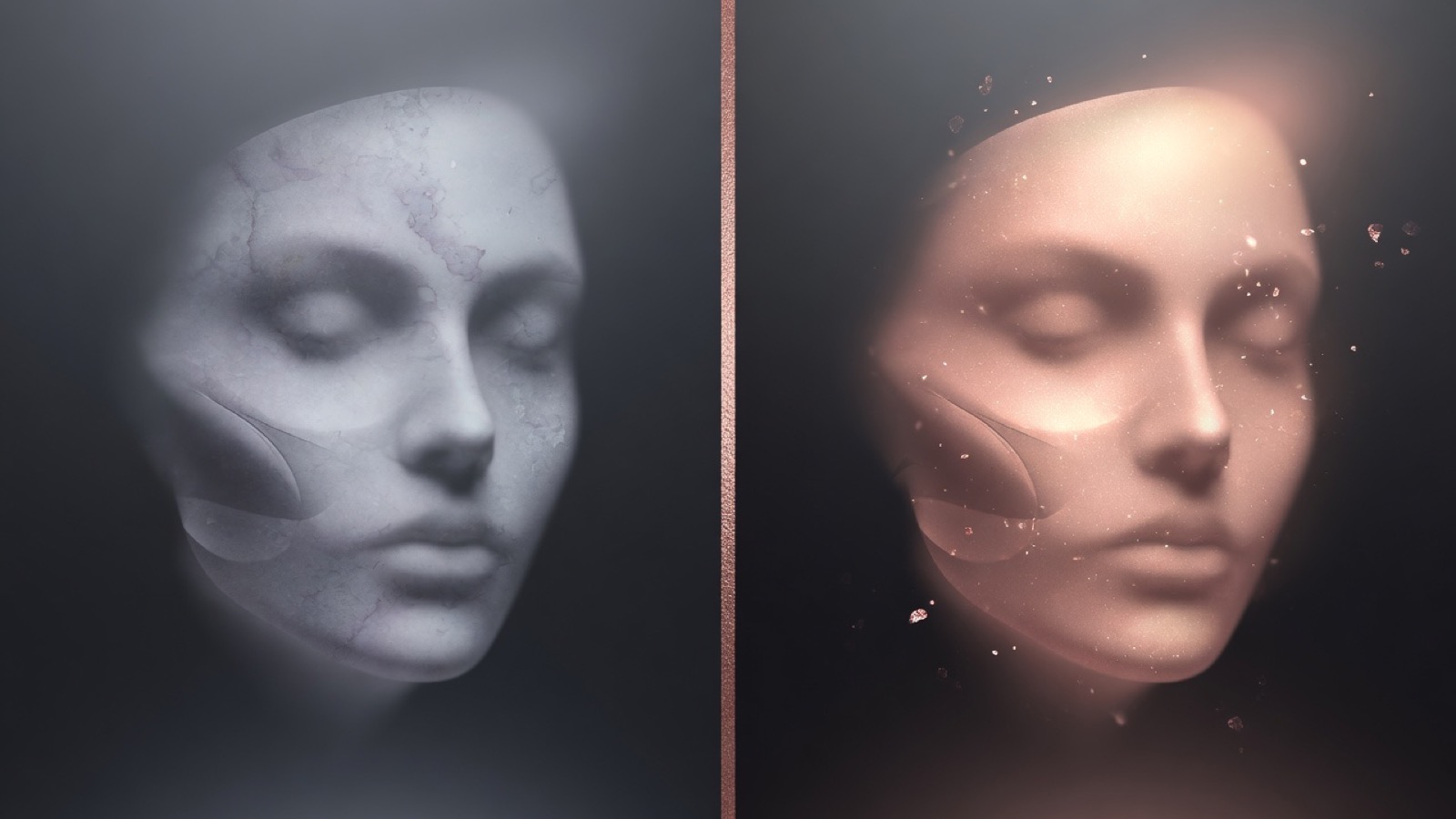 Abstract before and after glow-up comparison panel