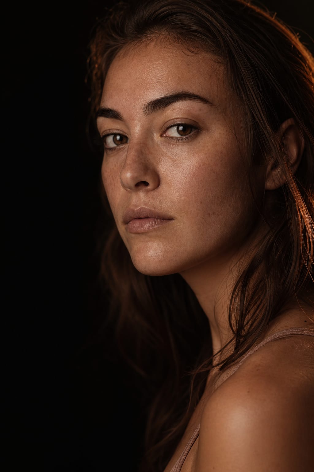 Editorial portrait in warm, low light — the kind of photo a GlowUp scan reads