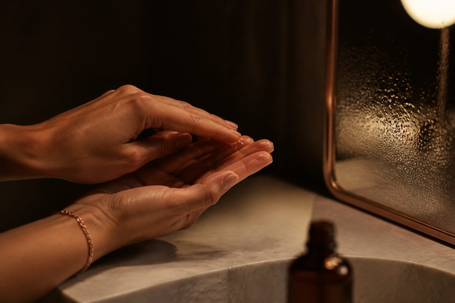 Hands working through an evening skincare routine in warm light