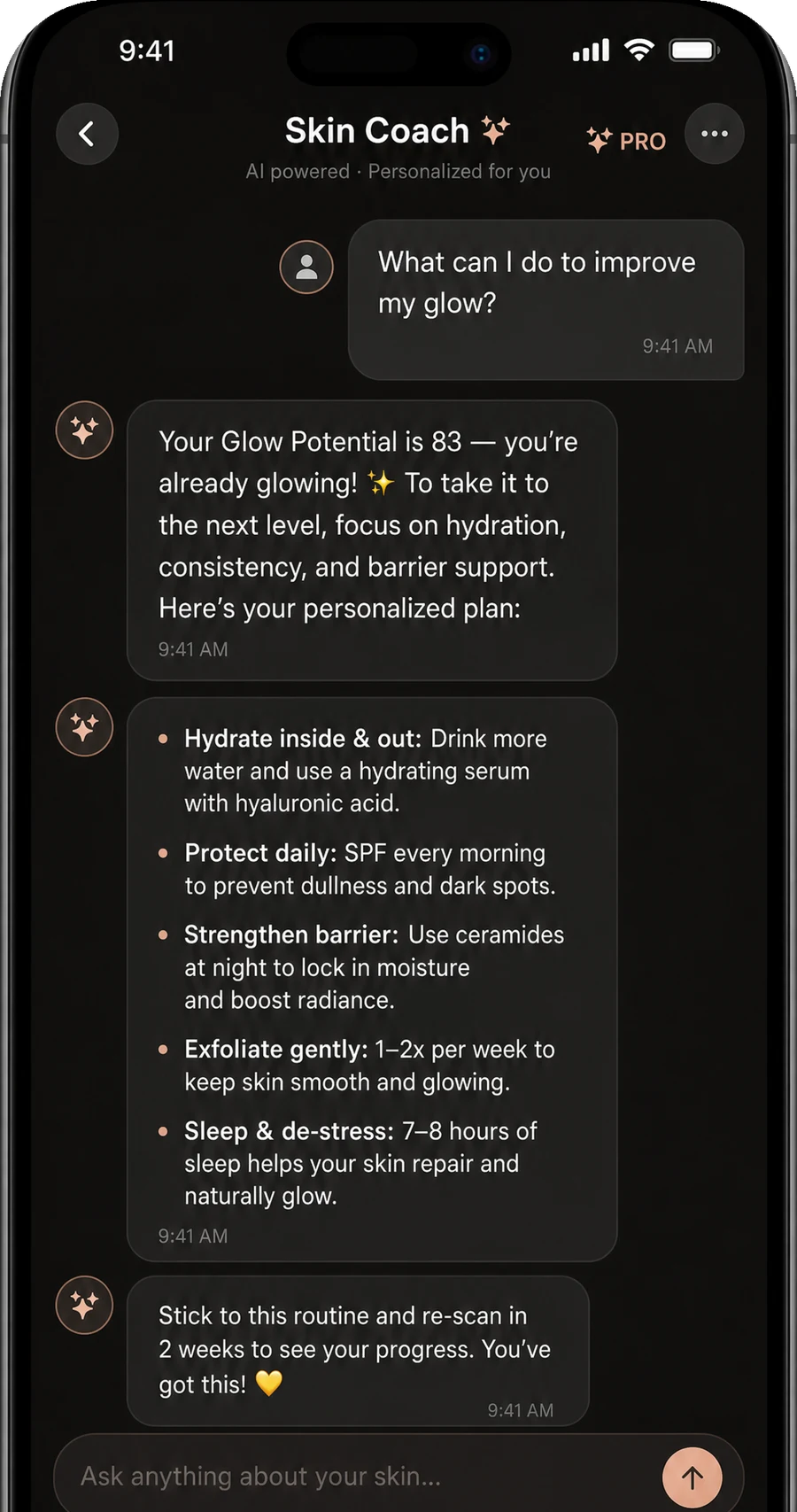 GlowUp AI Skin Coach chat answering a skincare question