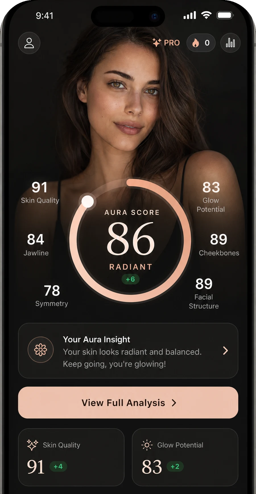 GlowUp home screen showing an Aura Score of 86, rated Radiant, with six dimension scores