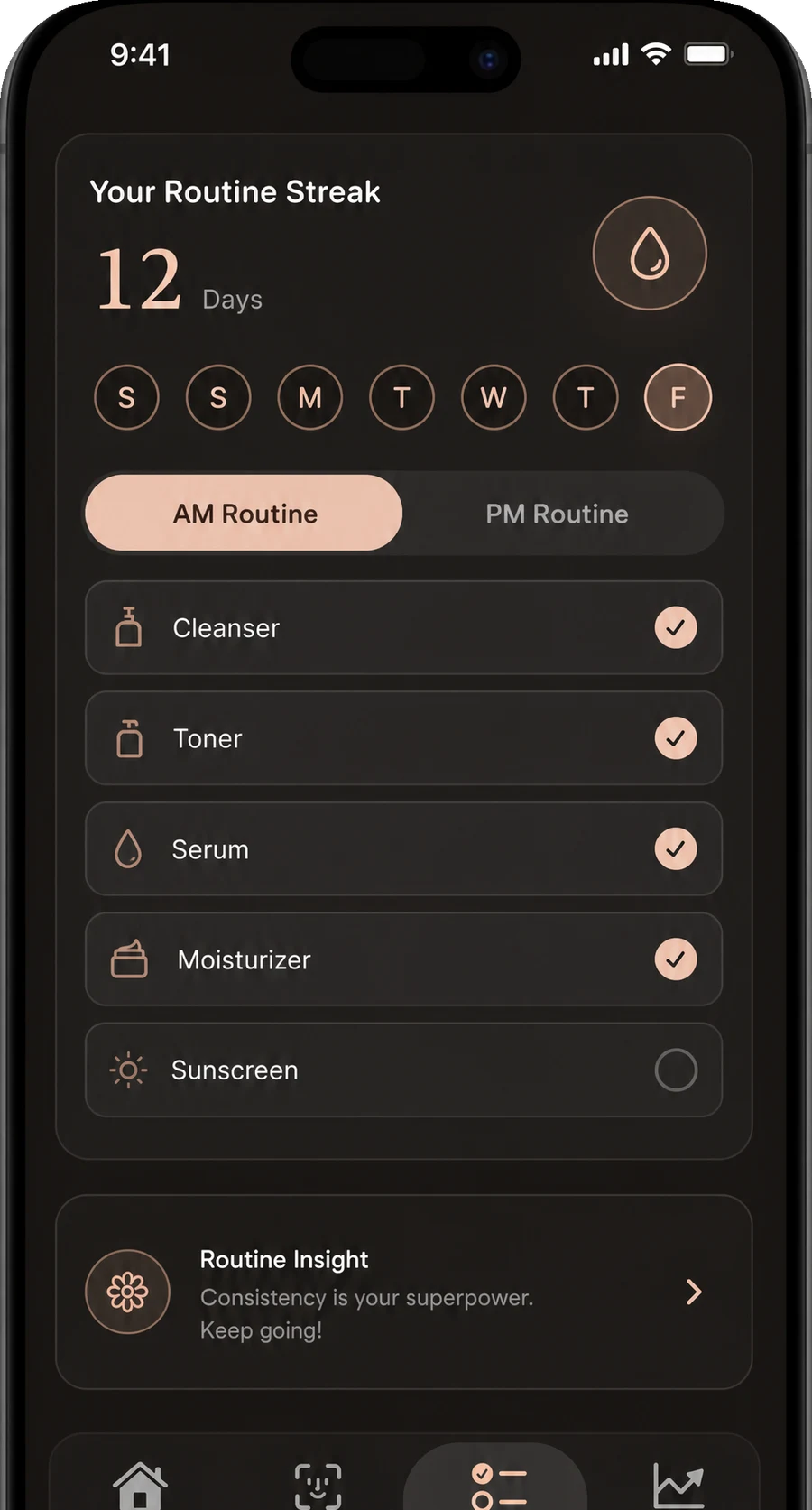 GlowUp routine screen with morning and evening skincare steps and a 7-day streak