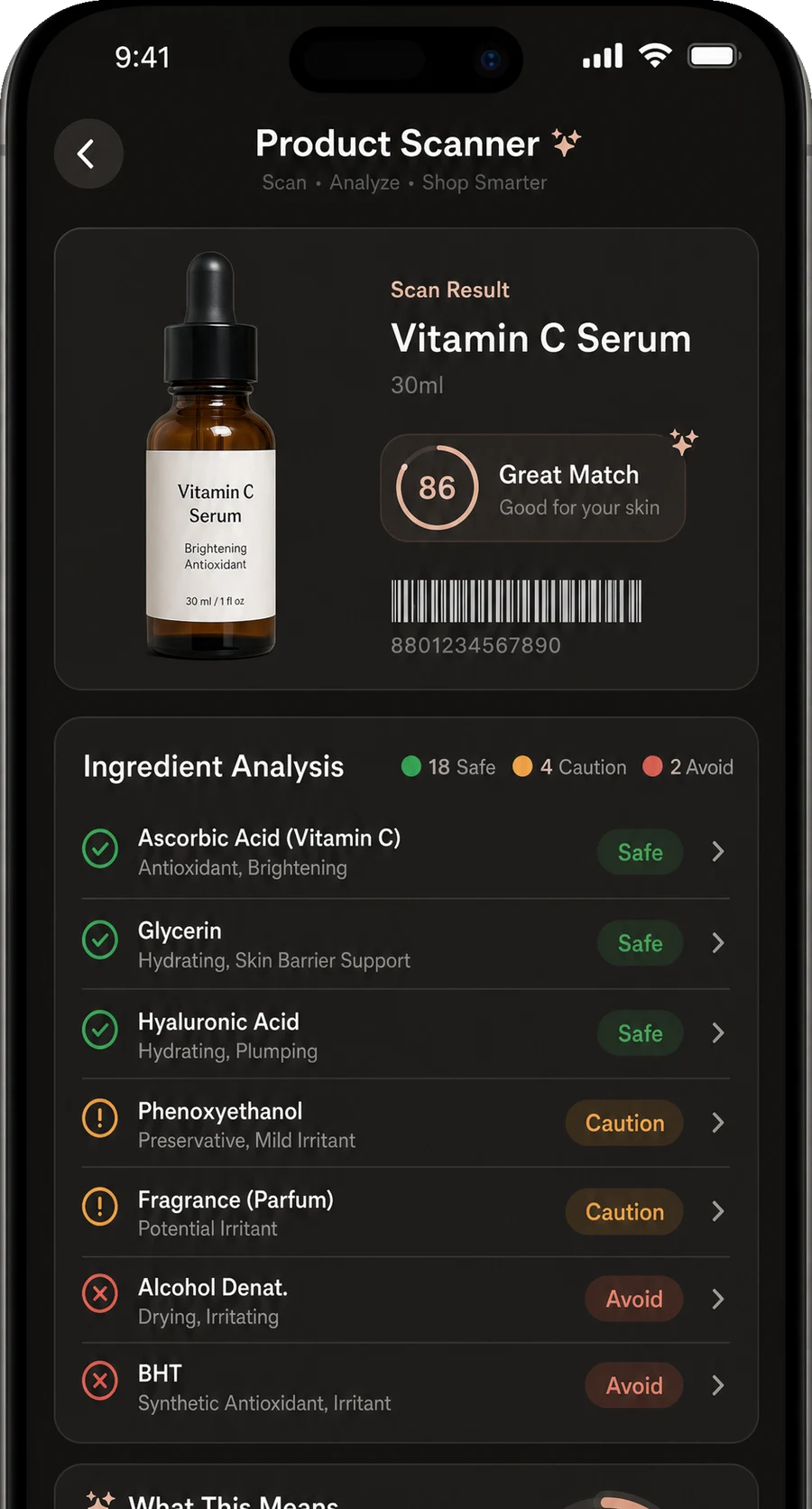 GlowUp product scanner rating the ingredients of a vitamin C serum as Safe, Caution, or Avoid